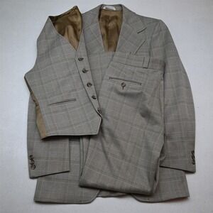 Vtg 70s 80s 3 Piece 36R 30x32 Tan Khaki Windowpane Check Vest Bootcut Mens Suit
